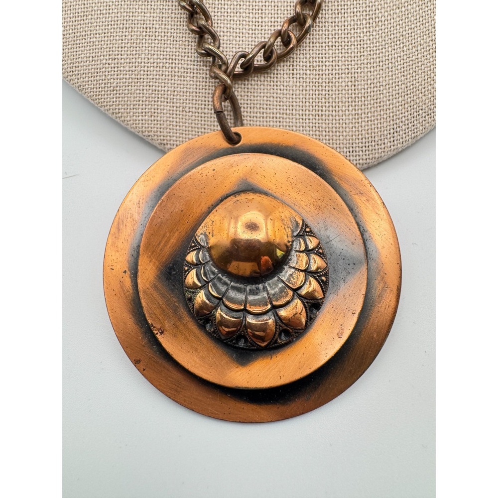 Vintage Copper Necklace Earrings Set 1950s Modernist Sunburst Pendant Flower - Picture 6 of 9